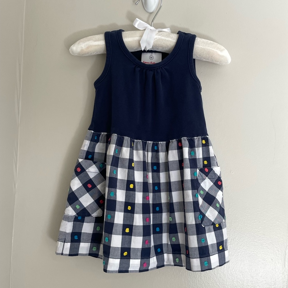 Hanna Andersson Gingham Dress with colorful polka dots, sz 80 or 18-24m